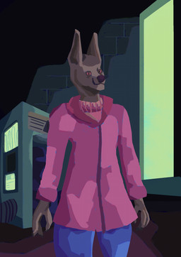 ambiguous_gender anthro biped blue_bottomwear blue_clothing blue_pants bottomwear brown_body brown_fur clothed clothing front_view fully_clothed fur looking_at_viewer male pants pink_clothing pink_eyes pink_topwear pointy_ears prick_ears pupils screen slit_pupils solo topwear window thy_beepsi canid canine canis jackal mammal absurd_res digital_media_(artwork) digital_painting_(artwork) hi_res painting_(artwork) portrait three-quarter_portrait