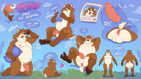 4_toes 5_fingers anthro anus backsack balls belly brown_body brown_fur erection feet fingers food fruit fur genitals grass humanoid_genitalia humanoid_penis hybrid_genitalia hybrid_penis laugh male medial_ring medial_ringed_humanoid_penis medial_ringed_hybrid_penis nipples olive_(fruit) overweight overweight_anthro overweight_male pawpads penis pink_anus pink_nipples pink_penis plant pose puffy_anus scut_tail short_tail sitting sky solo tail tail_motion tailwag text toes white_body white_fur vurrus mishka_(fishymishy) bear deer hybrid mammal absurd_res english_text hi_res model_sheet