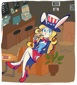 anthro beverage bow_tie cake clothing dessert female food footwear furniture hat headgear headwear high_heels plant shoes sofa solo table catinyt starbucks lagomorph leporid mammal rabbit hi_res