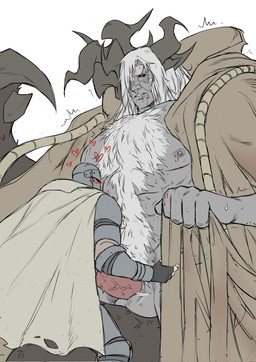 abs armor balls big_muscles big_pecs big_tail bite_mark blood bodily_fluids body_hair chest_hair cloak clothing duo erection genitals grey_body heart_symbol horn huge_pecs knight male male/male mostly_nude muscular muscular_male pecs penis size_difference sweat tail warrior wdp66281167 elden_ring fromsoftware margit_the_fell tarnished_(elden_ring) horned_humanoid human humanoid mammal omen_(elden_ring) 2022 digital_drawing_(artwork) digital_media_(artwork) hi_res