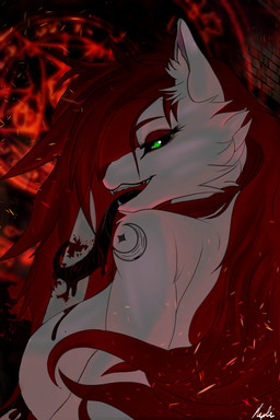 anthro blood bodily_fluids female fire fur hair hell moon prey_pov red_hair solo tattoo tongue itsmapledoe mythology marywolf canid canid_demon canine demon hellhound mammal mythological_canine mythological_creature 2:3 hi_res