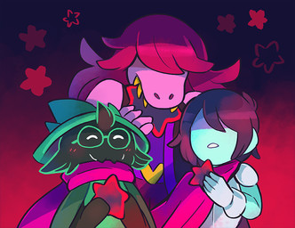 ambiguous_gender ambiguous_human armor blush clothed clothing eating eyewear fur glasses group scarf star teeth cygull deltarune undertale_(series) kris_dreemurr ralsei susie_(deltarune) bovid caprine darkner goat human lightner mammal reptile scalie 2018 digital_media_(artwork) unavailable_at_source