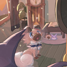 ambiguous_gender blue_eyes brown_body brown_fur clock collar floor fur grandfather_clock inside plant plant_pot potted_plant solo text window liuliankeya nintendo pokemon kian_(kianyemao) canid canine generation_5_pokemon generation_7_pokemon mammal pokemon_(species) purrloin rockruff absurd_res english_text hi_res