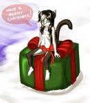 anthro black_hair breasts dialogue female genitals gift green_eyes hair holidays loli nipples pussy ribbons simple_background solo text young young_anthro tanukiarts cats_n'_cameras christmas josephine_rodgers domestic_cat felid feline felis mammal 2014 absurd_res english_text hi_res