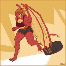 anthro big_breasts bodily_fluids border bottomwear breasts cleavage clothed clothing exercise female membrane_(anatomy) membranous_wings muscular muscular_anthro muscular_female red_body rope shorts solo sweat tail tire wings yellow_border mainlinemojo mythology rizanphine_zaraphan dragon mythological_creature mythological_scalie scalie 1:1 2020 absurd_res hi_res