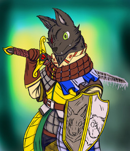 1_eye anthro armor green_eyes male melee_weapon shield solo sword weapon gozso-alako oscar_(gozso) canid canine canis mammal wolf absurd_res hi_res