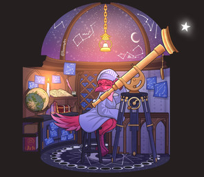 ambiguous_gender anthro book candle chair clothing constellation eyes_closed furniture globe hat headgear headwear inside loose_feather nightcap nightgown ornate_furniture quill scroll sitting sleeping smile solo telescope text roawayart avian bird english_text hi_res