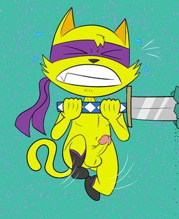 abstract_background anthro balls bodily_fluids boots clothing erection exercise eye_mask footwear fur genitals male melee_weapon nude penis pull-up_(exercise) shoes shortstack solo struggling sweat sword weapon workout yellow_body yellow_fur darkajugin shortsmack_m score_(shortsmack_m) domestic_cat felid feline felis mammal hi_res