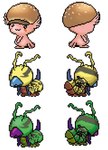 :3 antennae_(anatomy) anthro eyeless feral green_body group hamburger_bun male pink_body segmented_body trio yellow_body otro_jorch bandai_namco digimon digimon_(species) ebiburgermon kunemon digital_media_(artwork) pixel_(artwork)