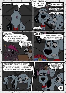 black_ears black_nose black_spots dialogue falling feral flashlight freckled_face freckles fur grey_body grey_fur heterochromatic_ears leg_markings markings red_helmet socks_(marking) speech_bubble spots text toony ventilation ventilation_shaft white_body white_fur white_spots redundantmodule 101_dalmatian_street 101_dalmatians disney big_fee_(101_dalmatians) dolly_(101_dalmatians) dylan_(101_dalmatians) sid_(101_dalmatians) canid canine canis dalmatian domestic_dog mammal murid murine rat rodent sciurid tree_squirrel comic english_text hi_res