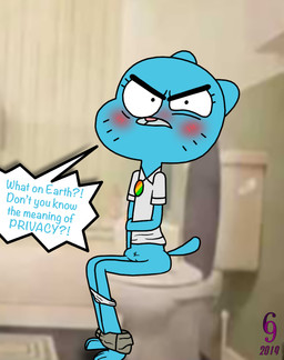 angry anthro bathroom bottomwear bottomwear_down clothed clothing dialogue embarrassed female genitals mature_female panties panties_down partially_clothed pooping pubes skirt_down solo toilet toilet_use underwear underwear_down vulva walk-in yelling thedispenser69 cartoon_network the_amazing_world_of_gumball nicole_watterson domestic_cat felid feline felis mammal
