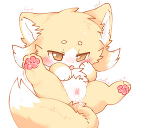 after_sex belly blush bodily_fluids butt cheek_tuft chest_tuft chibi clitoral_hood clitoris cum cum_from_vagina cum_in_vagina cum_inside dipstick_tail facial_tuft feet female feral front_view fur genital_fluids genitals half-closed_eyes hand_on_belly hand_on_cheek hindpaw humanoid_genitalia humanoid_genitalia_on_feral humanoid_vulva humanoid_vulva_on_feral leaking_vagina looking_at_viewer lying markings multicolored_body multicolored_fur narrowed_eyes on_back open_mouth paws presenting presenting_hindquarters presenting_vulva shaking simple_background solo spread_legs spreading tail tail_markings tremble_spikes trembling tuft two_tone_body two_tone_fur vulva white_background white_belly white_body white_fur yellow_body yellow_eyes yellow_fur kirichiiii canid canine fox mammal