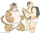 anthro backpack belly big_belly bulge clothing duo humanoid_hands kemono male male/male moobs navel nipples overweight overweight_male underwear young moujya bear felid mammal pantherine tiger 2023 hi_res