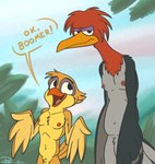anthro avian bassybefuddle beak bird boomer_(tfath) conditional_dnp corvid corvus_(genus) crow dinky_(tfath) disney duo frown genitals gesture hi_res male meme nipples nude ok_boomer oscine passerine penis picid pubes shrug size_difference smile sparrow speech_bubble the_fox_and_the_hound winged_arms wings woodpecker