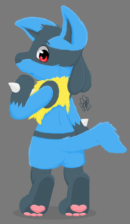 anthro biped black_body black_fur black_inner_ear blue_body blue_ears blue_fur fur looking_at_viewer looking_back male multicolored_body multicolored_fur pawpads pink_pawpads rear_view red_eyes solo spikes spikes_(anatomy) yellow_body yellow_fur gaokun nintendo pokemon generation_4_pokemon lucario pokemon_(species) 2015 hi_res watermark