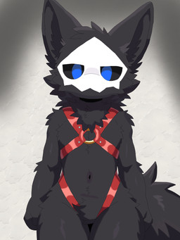 anthro black_body black_fur blue_eyes body_harness bound dark_body front_view fur harness inner_ear_fluff looking_at_viewer male mask navel neck_tuft solo standing tail tuft sairun changed_(video_game) lin_(changed) canid canine canis dark_latex mammal wolf 2026 3:4 absurd_res hi_res