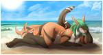 anthro beach biped black_stripes blue_sky breast_squish breasts claws cloud crossed_legs day detailed_background ear_piercing eyebrows eyelashes eyewear female fin glasses gloves_(marking) green_hair hair leg_markings long_ears long_hair looking_at_viewer lying markings multicolored_body multicolored_skin non-mammal_breasts nude on_front outside piercing pose pupils ring_(marking) ringed_tail sea seaside side_view sky slightly_chubby slit_pupils socks_(marking) solo squish striped_markings striped_tail stripes sun tail tail_fin tail_markings toe_claws water white_stripes yellow_eyes shorty-antics-27 manji_luo fish marine shark 2014 digital_media_(artwork) hi_res pinup