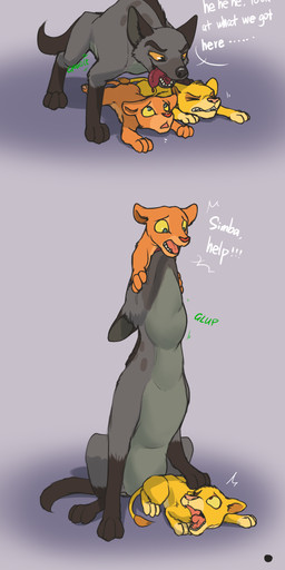 3_toes age_difference barefoot black_eyebrows black_mane black_nose blue_eyes bodily_fluids bodily_noises brown_body brown_fur calling_for_help cheek_tuft dialogue different_sound_effects dripping drooling eyebrows facial_tuft fangs featureless_crotch feet feet_first female female_prey feral feral_pred feral_prey fluffy fluffy_tail front_view fur fur_tuft glup green_text grey_background grey_body grey_fur group half-closed_eyes head_tuft hungry imminent_vore in_mouth larger_feral larger_male looking_at_another looking_down looking_up lying male male_pred male_prey mane markings motion_lines multiple_prey name_drop name_in_dialogue narrowed_eyes neck_bulge nude older_male on_front on_ground onomatopoeia open_mouth oral_vore partial_speech_bubble partially_inside paws pink_nose pink_tongue pinned quadruped red_tongue restrained rumbling_stomach saliva saliva_drip scared simple_background size_difference smaller_female smaller_feral smaller_male soft_vore sound_effects spots spotted_body spotted_fur standing swallowing swallowing_sound_effect tail tail_tuft talking_to_another tan_body tan_fur teeth text thin_tail three-quarter_view toes tongue tongue_out tuft vore white_text yellow_body yellow_fur yellow_sclera young young_feral young_prey younger_female younger_male lunlunfox disney the_lion_king banzai_(the_lion_king) nala_(the_lion_king) simba_(the_lion_king) felid hyena lion mammal pantherine spotted_hyena 2020 comic digital_drawing_(artwork) digital_media_(artwork) english_text hi_res multiple_scenes