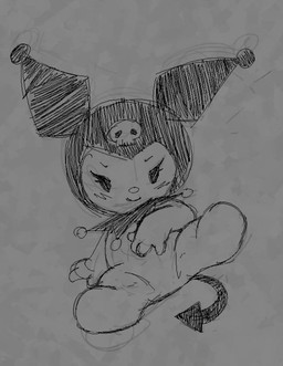 anthro blush featureless_crotch female front_view looking_at_viewer null seductive simple_background sitting solo spade_tail spread_legs spreading tail soulcentinel onegai_my_melody sanrio kuromi demon lagomorph leporid mammal rabbit 2024 greyscale guide_lines monochrome sketch