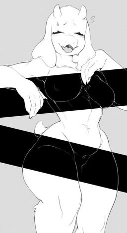 anthro blush bodily_fluids breasts embarrassed eyes_closed featureless_crotch female fingers flying_sweatdrops front_view fur horn nude open_mouth sweat sweatdrop tail tongue white_body white_breasts white_fur white_tail punipaws undertale_(series) toriel boss_monster_(undertale) bovid caprine mammal hi_res