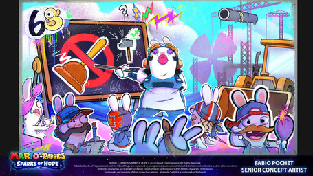 accessory anthro apron beam black_clothing black_hair black_topwear black_vest blonde_facial_hair blonde_hair blonde_mustache blue_clothing blue_hair blue_hat blue_headkerchief blue_headwear blue_kerchief blue_overalls blue_shirt blue_topwear blue_wristband breasts buckteeth bulldozer chalkboard clothed clothed_anthro clothed_female clothing construction_site eyelashes eyes_closed eyewear eyewear_on_head facial_hair female female_anthro fully_clothed fully_clothed_anthro fully_clothed_female fur goggles goggles_on_head grey_clothing grey_headkerchief grey_kerchief grey_topwear grey_vest group hair hand_behind_back hat headband headgear headkerchief headwear holding_mirror holding_notebook holding_object holding_pencil holding_stick kerchief larger_anthro larger_female leaning leaning_backward left-handed lidded_eyes light lips long_ears looking_at_another looking_at_mirror looking_at_object male male_anthro medium_hair mirror mitten_hands mustache noseless open_clothing open_topwear open_vest orange_facial_hair orange_headband orange_mustache outline outside overalls overweight overweight_anthro overweight_female pencil_(object) pink_headband pink_tongue pipe purple_eyelids question_mark shirt sideways_hat sitting sitting_on_ground size_difference smaller_anthro smaller_female smaller_male smile smiling_at_another standing stick tan_body tan_eyelids tan_skin teeth text thick_lips tongue tongue_out topwear vest white_apron white_body white_clothing white_fur white_outline writing_on_paper fabio_pochet mario_plus_rabbids_sparks_of_hope nintendo raving_rabbids rayman_(series) ubisoft momma_(mario_plus_rabbids) lagomorph mammal rabbid 16:9 2023 4k absurd_res artist_name colored digital_drawing_(artwork) digital_media_(artwork) english_description english_text hi_res lighting official_art shaded widescreen