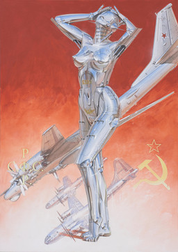 aircraft airplane breasts eyeless female genitals glistening glistening_body machine metallic_body navel nipples not_furry red_background russian simple_background solo soviet_union standing text vehicle vulva hajime_sorayama tu-4 tupolev sexy_robot_(hajime_sorayama) humanoid robot robot_humanoid 2018 absurd_res english_text hi_res russian_text traditional_media_(artwork)