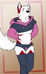 anthro bulge clothing cropped_hoodie ear_piercing eyebrow_piercing facial_piercing footwear fur hair inner_ear_fluff legwear male markings navel navel_piercing neck_tuft piercing raised_tail red_body red_fur socks solo stockings tail thigh_highs thigh_socks tuft underwear white_body white_fur arkdoggo meme_clothing paggi_outfit arkdoggo_(character) berger_blanc_suisse canid canine canis domestic_dog herding_dog mammal pastoral_dog hi_res meme signature