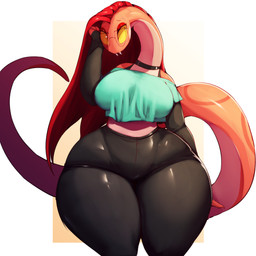 anthro big_breasts biped bottomwear breasts choker clothed clothing curvy_figure eyewear fangs female glasses hair huge_hips huge_thighs jewelry long_neck necklace non-mammal_breasts pants red_hair simple_background smile solo standing teeth thick_thighs tight_clothing topwear wear wide_hips yoga_pants trinity-fate62 elyssa_(trinity-fate62) reptile scalie snake 1:1 2022 absurd_res digital_media_(artwork) hi_res