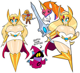1_horn big_breasts black_eyes blonde_hair blue_body blue_ears blue_eyes blue_skin blush breasts brown_eyes cape cleavage cleavage_overflow clothed clothing directional_arrow eyelashes featureless_feet feet female female_human feral fur gesture glistening glistening_breasts glistening_thighs hair half-closed_eyes hat headgear headwear highlights_(coloring) holding_melee_weapon holding_object holding_sword holding_weapon horn huge_breasts humanoid_pointy_ears long_hair looking_at_viewer male male_feral male_human male_humanoid melee_weapon muscular muscular_human muscular_male narrowed_eyes open_mouth open_smile orange_hair pink_blush pointy_ears purple_clothing purple_robe purple_scarf purple_witch_hat red_cape red_clothing robe scarf shadow_face shrug simple_background smile standing sword tan_body tan_skin teeth text thick_thighs weapon white_background white_body white_clothing white_ears white_fur white_sclera witch_hat yellow_horn yellow_sclera theguywhodrawsalot filmation masters_of_the_universe mattel mythology she-ra_(copyright) he-man orko she-ra_(she-ra) swift_wind_(she-ra) equid equine human humanoid mammal mythological_creature mythological_equine trollan unicorn 2025 digital_media_(artwork) english_text hi_res