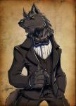 anthro biped black_body black_fur black_tie_(suit) bow_(feature) bow_tie classy claws clothed clothing front_view fully_clothed fur looking_at_viewer male simple_background smile smirk solo standing suit topwear vest yellow_eyes ben-g-geldenhuys james_wolf canid canine canis mammal wolf 2011