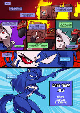 angry building_fire clenched_teeth clothing dialogue duo eyebrow_piercing facial_piercing female jacket male piercing profanity red_sclera tail teeth text topwear kato777 hellaverse helluva_boss marvel mythology loona_(helluva_boss) she-venom venom_(marvel) canid canid_demon canine demon hellhound imp mammal mythological_canine mythological_creature symbiote absurd_res comic crossover english_text hi_res