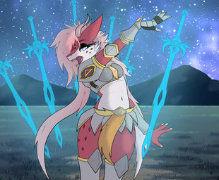 anthro armor belly cheek_markings clothing crop_top facial_markings female fluffy fluffy_hair glowing hair head_markings leg_markings magic markings melee_weapon night open_mouth outside shirt solo sword thigh_markings topwear weapon kariwolf197 mythology charmaine_(kariwolf197) dragon mythological_creature mythological_scalie scalie hi_res
