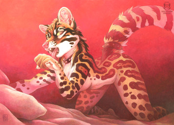 accessory all_fours anthro biped breasts butt claws collar countershade_torso countershading female fingers front_view fur furgonomics jewelry licking nude nude_anthro nude_female ring self_lick simple_background solo spiked_collar spikes spots stripes tail tail_accessory tail_jewelry tail_ring teeth tongue kacey felid feline mammal 2026 traditional_media_(artwork)