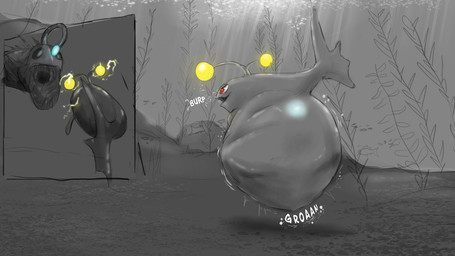 after_vore ambiguous_gender belly big_belly blue_light duo feral feral_pred feral_prey fish_tail kelp_forest light size_difference smaller_pred teeth underwater vore water akaikosh nintendo pokemon anglerfish aquatic fish generation_2_pokemon lanturn pokemon_(species) 2024 lighting sketch