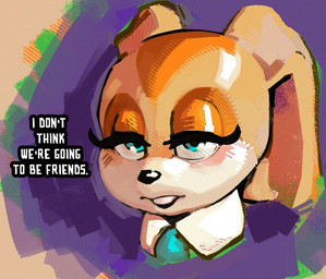 anthro black_nose blue_eyes clothed clothing collar dialogue eyelashes female floppy_ears fur long_ears multicolored_body multicolored_fur narrowed_eyes orange_body orange_fur simple_background solo tan_body tan_fur text two_tone_body two_tone_fur white_text young young_anthro young_female latchk3y sega sonic_the_hedgehog_(series) cream_the_rabbit lagomorph leporid mammal rabbit 2025 english_text headshot_portrait portrait reaction_image