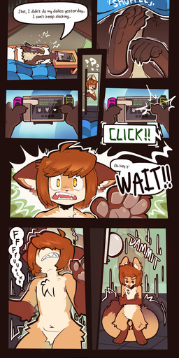 ambiguous/ambiguous ambiguous_gender anthro dialogue feet flat_chested foot_fetish foot_focus macro micro nude nude_anthro profanity shrink_ray shrinking size_transformation text transformation dizzymilky daze_(dizzymilky) nat_(lnebrias) canid canine fox mammal rodent sciurid tree_squirrel absurd_res comic digital_media_(artwork) english_text hi_res