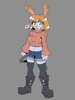anthro belt boots bottomwear clothing denim denim_bottomwear denim_clothing denim_shorts ear_piercing female footwear heart_symbol legwear piercing shoes shorts solo speech_bubble studded_belt studs sweater thigh_highs topwear turtleneck nrok humanoid lagomorph leporid mammal rabbit absurd_res hi_res