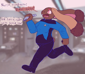anthro blue_clothing clothed clothing female fluffy_ears long_ears open_mouth overweight photo_background running solo solo_focus starfleet starfleet_insignia starfleet_uniform text tricorder uniform ray_karr star_trek cheesecake_(mei_cheesecake) domestic_rabbit lagomorph leporid lop_rabbit mammal oryctolagus rabbit 2024 absurd_res digital_media_(artwork) english_text hi_res photography_(artwork)
