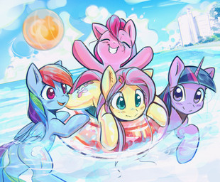 accessory beach blush building cloud cutie_mark eyebrows eyelashes eyes_closed feathered_wings feathers female floating group hair hair_accessory hairclip happy horn inflatable inner_tube multicolored_hair open_mouth outside pink_hair pool_toy purple_eyes rainbow_hair seaside sky smile sun swimming teal_eyes teeth water wet wings mirroredsea friendship_is_magic hasbro my_little_pony mythology fluttershy_(mlp) pinkie_pie_(mlp) rainbow_dash_(mlp) twilight_sparkle_(mlp) earth_pony equid equine horse mammal mythological_creature mythological_equine pegasus pony winged_unicorn 2017 absurd_res hi_res