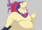 ambiguous_gender anthro belly big_belly biped double_chin elemental_manipulation fat_arms fat_neck fire fire_manipulation flaming_hair flaming_mane fur grey_background lidded_eyes looking_at_viewer moobs multicolored_body multicolored_fur obese obese_ambiguous obese_anthro overweight overweight_ambiguous overweight_anthro pseudo_hair pseudo_mane purple_body purple_fur raised_head red_eyes semi-anthro simple_background smile solo tan_body tan_fur three-quarter_view two_tone_body two_tone_fur xeniyy nintendo pokemon generation_8_pokemon hisuian_form hisuian_typhlosion pokemon_(species) regional_form_(pokemon) 2023 absurd_res digital_drawing_(artwork) digital_media_(artwork) half-length_portrait hi_res portrait