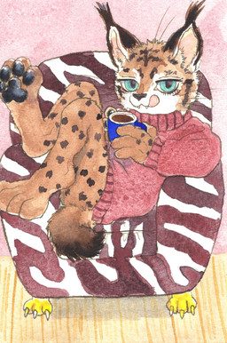 3_toes 4_toes anthro barefoot beverage biped black_pawpads blue_eyes bottomless brown_body brown_fur candy chair chocolate claws clothed clothing coffee_mug container crossed_legs cup dessert digitigrade ear_tuft feet female fingers food fur furniture hindpaw holding_container holding_cup holding_object hot_chocolate licking licking_lips licking_own_lips looking_at_viewer markings mug pawpads paws self_lick sitting smile soles solo spots spotted_body spotted_fur sweater tail toe_claws toes tongue tongue_out topwear tuft white_body white_fur kyokyota felid feline lynx mammal 2021 hi_res painting_(artwork) traditional_media_(artwork) watercolor_(artwork)