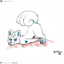 3_toes ass_up blue_eyes blue_nose butt duo feet female feral fur looking_at_viewer patreon_logo patreon_username pawpads paws pink_pawpads pink_tongue presenting presenting_hindquarters raised_tail smile smiling_at_viewer spread_legs spreading tail text toes tongue tongue_out white_body white_fur yordraw nintendo patreon pokemon canid generation_1_pokemon mammal pokemon_(species) vulpix 1:1 hi_res traditional_media_(artwork) url