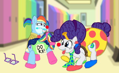 afro after_transformation ageplay braces buckteeth bullying clown clown_nose clownification diaper dork duo female implied_transformation infantilism intelligence_loss nerd nerdification roleplay silly teeth transformation what what_has_magic_done cereal_squish friendship_is_magic hasbro my_little_pony discord_(mlp) rainbow_dash_(mlp) rarity_(mlp) equid equine horse mammal pony absurd_res hi_res