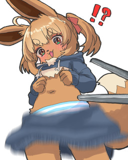3_fingers accessory anthro black_nose blue_clothing blue_panties blue_underwear blush bodily_fluids bottomwear bow_ribbon brown_body brown_claws brown_eyes brown_fur claws clothed clothing crop_top_hoodie cute_fangs dipstick_tail fangs femboy finger_claws fingers fur hair hair_accessory hair_bow hair_ribbon hand_on_chest interrobang looking_at_viewer male markings offscreen_character open_mouth panties pantsless pattern_bottomwear pattern_clothing pattern_panties pattern_underwear ponytail ribbons simple_background smile solo striped_bottomwear striped_clothing striped_panties striped_underwear stripes sweat tail tail_markings tan_body tan_fur tan_hair teeth underwear white_background white_clothing white_panties white_underwear young young_anthro young_male neko_t_chan nintendo pokemon eevee generation_1_pokemon pokemon_(species) 2025 4:5 hi_res