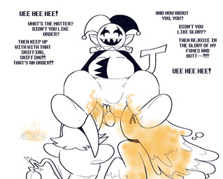 anthro breasts clown collaborative_fart_sniffing collaborative_sniffing cord_tail dialogue dirty_talk dominant dominant_male evil_laugh eyes_closed fart fart_fetish fart_sniffing farting_on_another farting_on_face floating_hands group hand_on_breast humanoid_on_anthro laugh machine male open_mouth open_smile pointy_ears sharp_teeth simple_background smile sniffing speech_bubble teeth text trio_focus unconscious water white_background ti-ling deltarune family_guy_death_pose undertale_(series) jevil_(deltarune) miss_mizzle noelle_holiday tasque_manager darkner elemental_creature humanoid imp mizzle_(deltarune) robot water_creature digital_media_(artwork) english_text meme