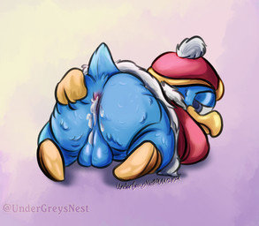 after_sex anthro anus balls balls_on_ground beak bedroom_eyes big_butt blue_body blue_feathers bodily_fluids butt butt_focus clothed clothing cum cum_in_ass cum_inside cum_leaking_from_ass cum_leaking_out cum_on_balls cum_on_butt feathers footwear genital_fluids genitals gloves gradient_background half-closed_eyes handwear headgear headwear inviting_to_sex looking_back lying male narrowed_eyes on_front overweight overweight_male presenting presenting_hindquarters raised_tail red_clothing red_headwear red_helmet robe seductive shoes simple_background solo spread_butt spreading tail tail_tuft tuft yellow_beak yellow_clothing yellow_footwear yellow_gloves yellow_handwear yellow_shoes undergreysnest kirby_(series) nintendo king_dedede avian bird penguin colored shaded signature watermark