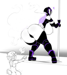 anthro armor big_breasts big_bulge big_butt breasts bulge butt clothing dancing duo female hair hat headgear headwear heart_symbol helmet horn huge_breasts huge_bulge huge_butt human_focus larger_female male not_furry_focus pole pole_dancing size_difference smaller_male strip_club stripper stripper_pole thick_thighs wide_hips eigaka hoyt_(goathoyt) animal_humanoid bovid bovid_humanoid caprine caprine_humanoid human humanoid mammal mammal_humanoid sheep_humanoid unknown_species 2017 absurd_res hi_res