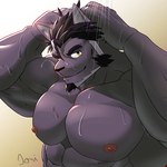 abs anthro bathing black_body black_fur black_hair clothed clothing fur hair male muscular muscular_anthro muscular_male nipples pecs showering solo topless gao_xio lifewonders live_a_hero tsuneaki domestic_cat felid feline felis mammal 1:1 absurd_res hi_res