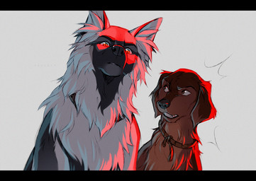 black_bars black_body black_eyebrows black_fur black_nose brown_body brown_fur brown_rope collar collar_only duo eyebrows fangs feral fur inner_ear_fluff looking_at_another looking_at_viewer low-angle_view male nude orange_eyes pupils rope rope_collar simple_background small_pupils snout teeth tuft white_body white_fur azzai canid canine canis domestic_dog mammal 2023 colored colored_sketch digital_drawing_(artwork) digital_media_(artwork) letterbox shaded sketch