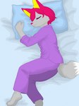 anthro clothing eyelashes eyes_closed female fur grey_body grey_fur hair pajamas pillow pink_hair pink_nose pupils purple_clothing purple_eyelashes purple_pajamas purple_pupils purple_shirt purple_topwear shirt sleeping solo topwear thekitsuyt gure_(thekitsuyt) canid canine fox mammal 3:4 cel_shading hi_res shaded signature